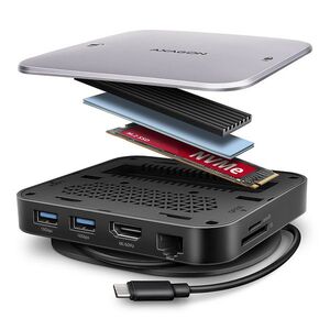 AXAGON HMC-UFO, USB-C 10Gbps Hub, 2x USB-A, USB-C, HDMI 4k/60Hz, RJ-45, SD/mSD, M.2 slot, audio, PD kép