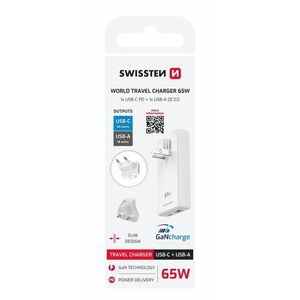 Swissten Utazó adapter, GaN, USB-C + USB-A, 65 W, cserélhető dugók (US, EU, UK), fehér kép