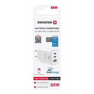 Swissten Edge GaN 2× USB-C PD 65 W + 1× USB-A 18 W QC, fehér kép