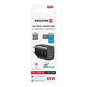 Swissten Edge GaN 2× USB-C PD 65W + 1× USB-A 18W QC, fekete kép