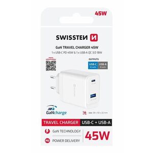 Swissten GaN 1× USB-C 45W PD + 1× USB-A - 18W, QC, fehér kép