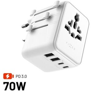 FIXED Voyager Travel GaN PD 70W, EU, UK és USA/AUS, 3x USB-C és 2x USB kimenettel, fehér kép