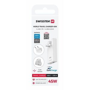 Swissten Utazó adapter, GaN, USB-C + USB-A, 45 W, cserélhető dugók (US, EU, UK), fehér kép