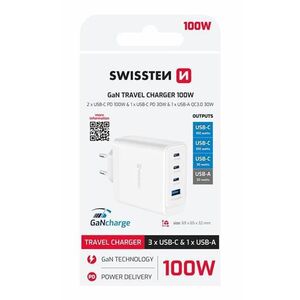 Swissten GaN 2× USB-C PD 100W +1× USB-C PD 20W + 1× USB-A QC 30W QC, fehér kép