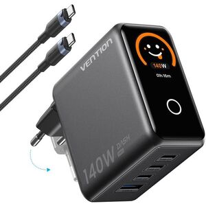 Vention 4-Port USB (C + C + C + A) GaN Charger (140W/140W/30W/22.5W) Foldable EU-Plug Dark Gray with kép