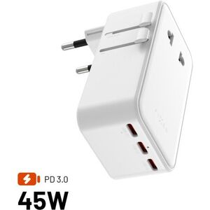 FIXED Voyager Travel GaN Slim, EU/UK és USA/AUS, 3×USB-C és USB kimenet, PD 45 W, fehér kép