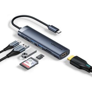 Vention USB-C to HDMI/USB 3.0×2 / SD / TF / PD Docking Station 0, 15m Gray Aluminum Alloy Type kép