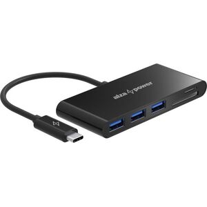 AlzaPower USB Hub USB-C (M) to 3× USB-A 3.0 (F) + Card Reader, fekete kép