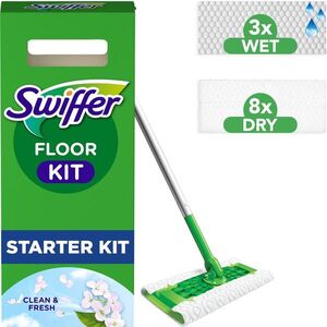 SWIFFER Sweeper padlóápoló induló készlet: 1 nyél, 8 darab Dry, 3 darab nedves törlőkendő kép