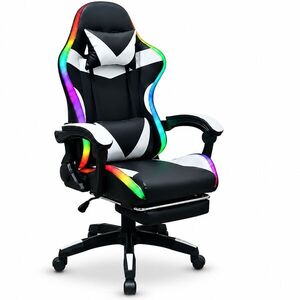 GOBOLED Gamer szék lábtartóval LED világítással - fekete-fehér kép
