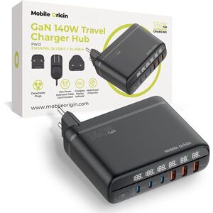 Mobile Origin GaN 140W Travel Charger Hub PW12 EU/UK/US 3× USB-C + 3× USB-A kép