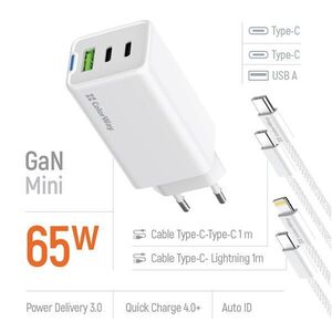 ColorWay 058PDCL USB-A / 2x USB-C Hálózati gyorstöltő szett 65W - Fehér kép