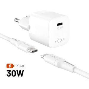 FIXED Mini GaN Hálózati töltő, USB-C kimenet, USB-C/USB-C kábellel, 1, 2 m, PD 30 W, fehér kép