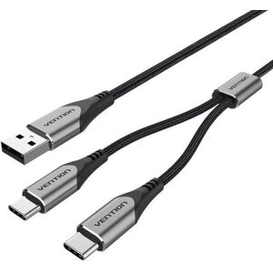 Vention USB 2.0 to Dual USB-C Y-Splitter Cable 0.5m Gray Aluminum Alloy Type kép